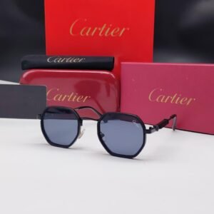نظارات شمسية كارتييه سوداء بإطار هندسي سداسي الشكل وعدسات رمادي/أسود داكن Cartier Black Hexagonal Dark Grey Sunglasses