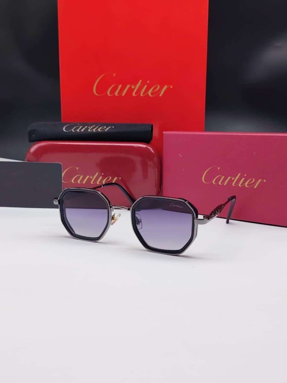 نظارات شمسية كارتييه رمادي داكن وفضي بإطار هندسي سداسي وعدسات بنفسجي متدرج Cartier Dark Silver & Black Hexagonal Purple Gradient Sunglasses