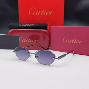 نظارات شمسية كارتييه رمادي داكن/فضي بدون إطار سداسية الشكل وعدسات بنفسجي متدرج Cartier Dark Silver Rimless Hexagonal Purple Gradient Sunglasses