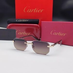 نظارات شمسية كارتييه ذهبية بدون إطار مستطيلة الشكل مع أذرع خشبية وعدسات بنية متدرجة Cartier Gold Rimless Rectangular Wooden Gradient Sunglasses