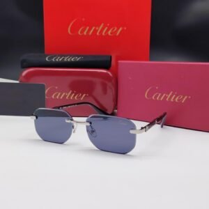 نظارات شمسية كارتييه فضية بدون إطار مستطيلة الشكل وعدسات رمادية داكنة Cartier Silver Rimless Rectangular Dark Grey Sunglasses