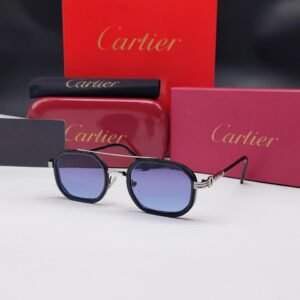 نظارات شمسية كارتييه سوداء وفضية بإطار هندسي وجسر علوي مزدوج وعدسات بنفسجي متدرج Cartier Black & Silver Double Bridge Hexagonal Purple Gradient Sunglasses