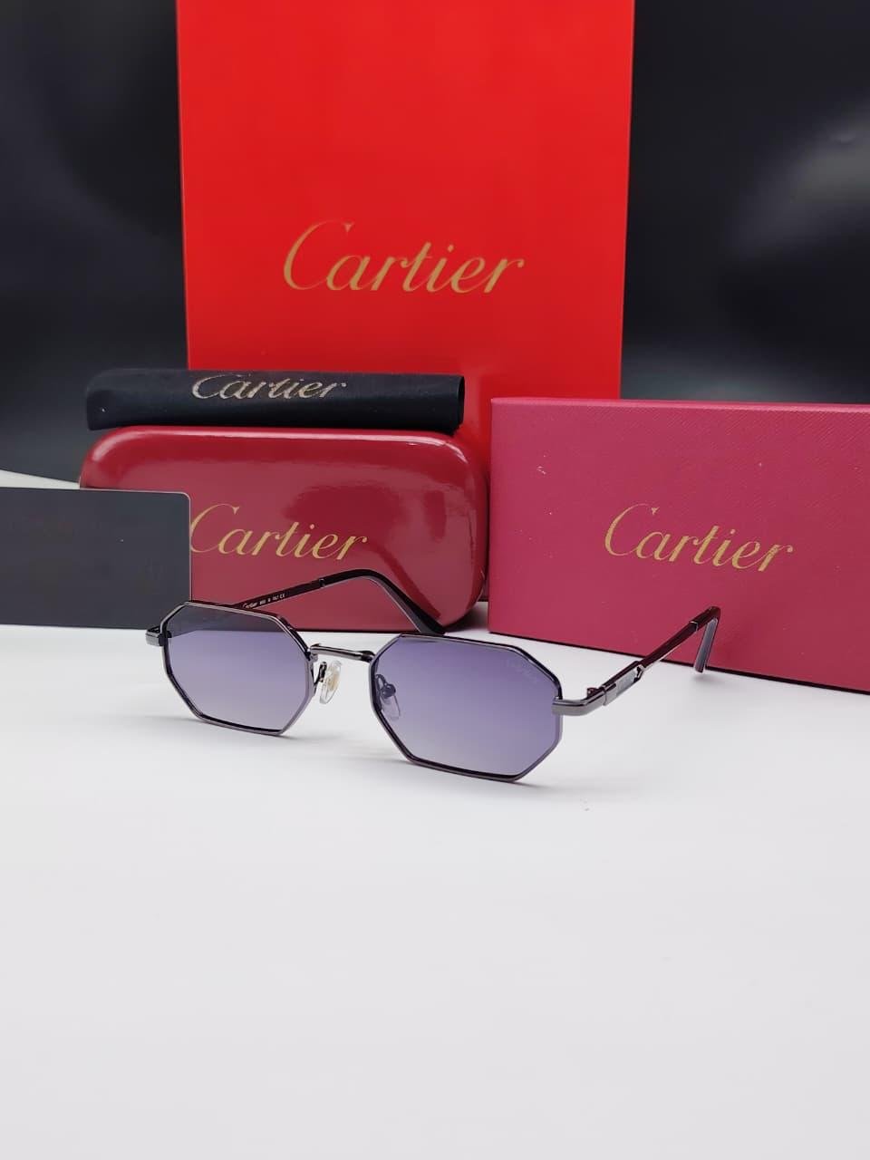 نظارات شمسية كارتييه رمادي داكن بإطار هندسي سداسي وعدسات بنفسجي/رمادي متدرج Cartier Gunmetal Hexagonal Purple Gradient Sunglasses