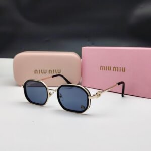 نظارات شمسية ميو ميو ذهبية وسوداء بإطار هندسي مستطيل وعدسات رمادية داكنة Miu Miu Gold & Black Rectangular Dark Grey Sunglasses