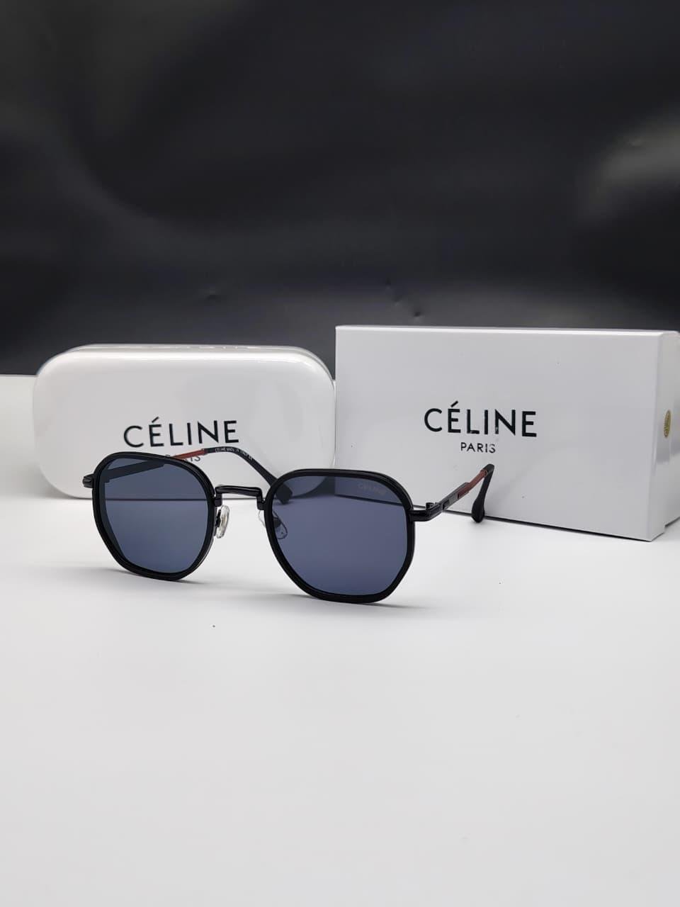 نظارات شمسية سيلين سوداء بإطار هندسي مستطيل وعدسات رمادية داكنة Celine Black Geometric Dark Grey Sunglasses