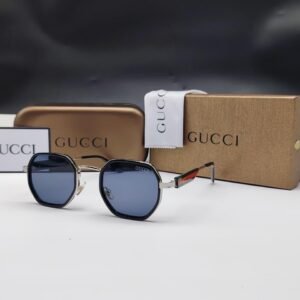 نظارات شمسية غوتشي فضية وسوداء بإطار هندسي سداسي وعدسات رمادية داكنة Gucci Silver & Black Hexagonal Dark Grey Sunglasses